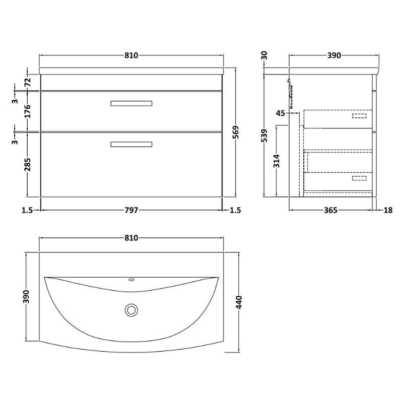 Nuie Athena 800mm Wall Hung 2 Drawer Vanity With Curved 1 Tap Hole Basin (1 size, Gloss Grey) - Brand New Bathrooms
