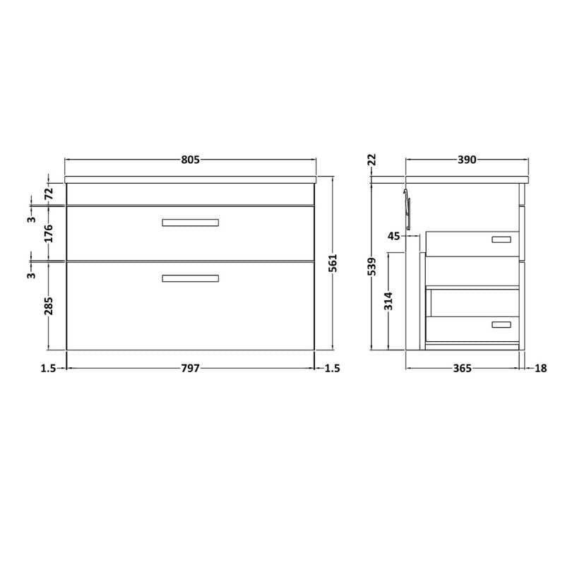 Nuie Athena Wall Hung 2 Drawer Vanity With Grey Worktop (1 size, Gloss Grey) - Brand New Bathrooms