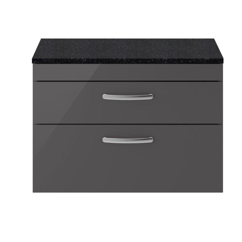 Nuie Athena Wall Hung 2 Drawer Vanity With Worktop (2 size, Gloss Grey) - Brand New Bathrooms