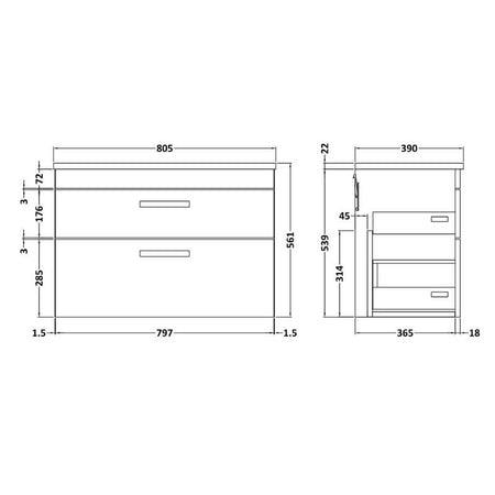 Nuie Athena Wall Hung 2 Drawer Vanity With Worktop (2 size, Gloss Grey) - Brand New Bathrooms
