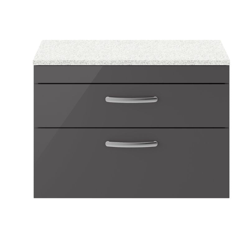 Nuie Athena Wall Hung 2 Drawer Vanity With Worktop (2 size, Gloss Grey) - Brand New Bathrooms