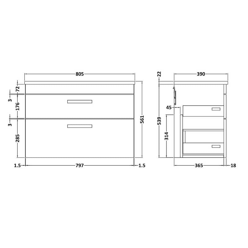 Nuie Athena Wall Hung 2 Drawer Vanity With Worktop (2 size, Gloss Grey) - Brand New Bathrooms