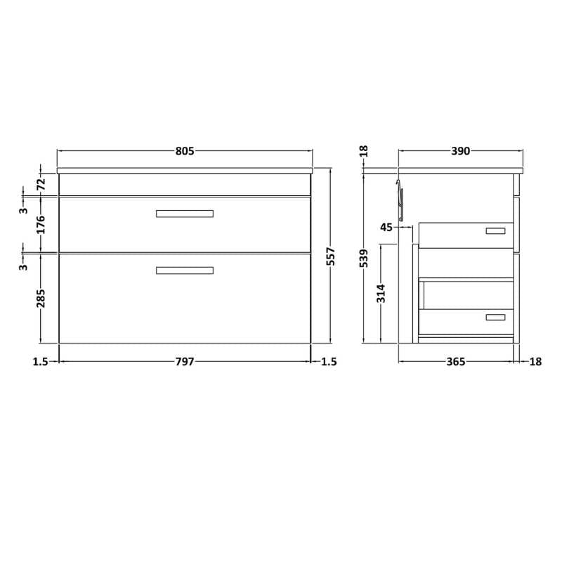 Nuie Athena Wall Hung 2 Drawer Vanity With Worktop (2 size, Gloss Grey) - Brand New Bathrooms