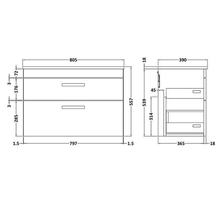 Nuie Athena Wall Hung 2 Drawer Vanity With Worktop (2 size, Gloss Grey) - Brand New Bathrooms