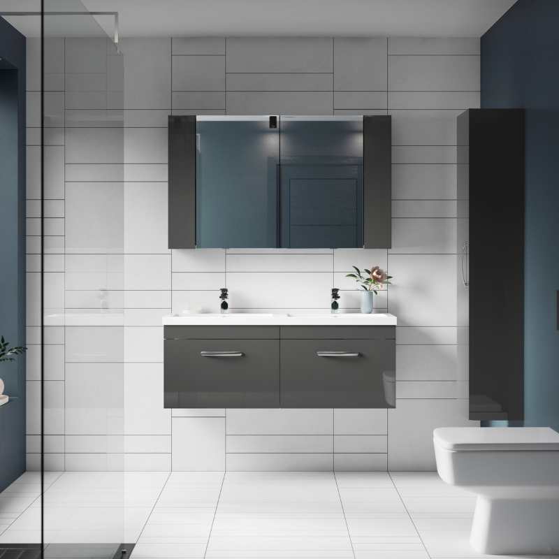 Nuie Athena Wall Hung 2 Drawer Vanity With Twin Polymarble Basin (1 size, Gloss Grey) - Brand New Bathrooms