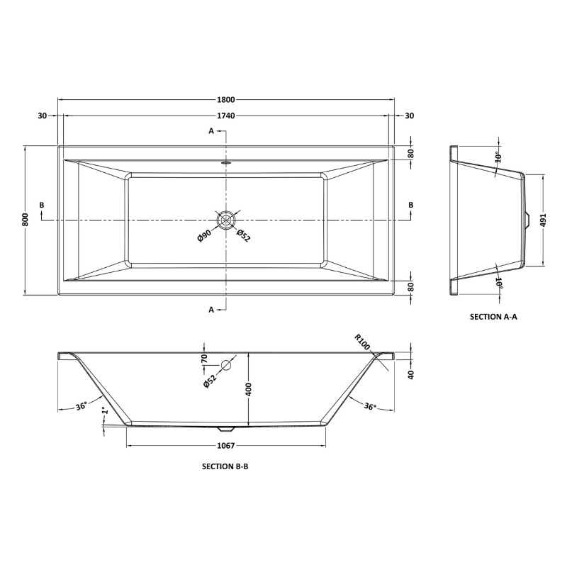 Nuie Asselby Eternalite Square Double Ended Straight Shower Bath (3 sizes, White) - Brand New Bathrooms