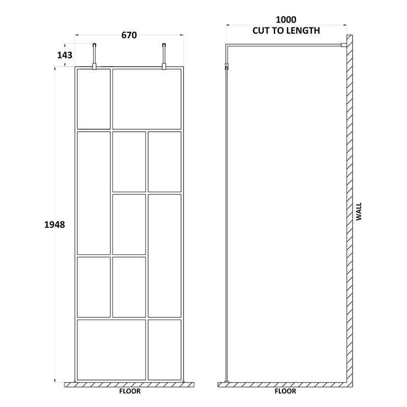 Nuie Abstract Frame Wetroom Screen with Support Bars (Matt Black, 4 sizes) - Brandnew Bathroom