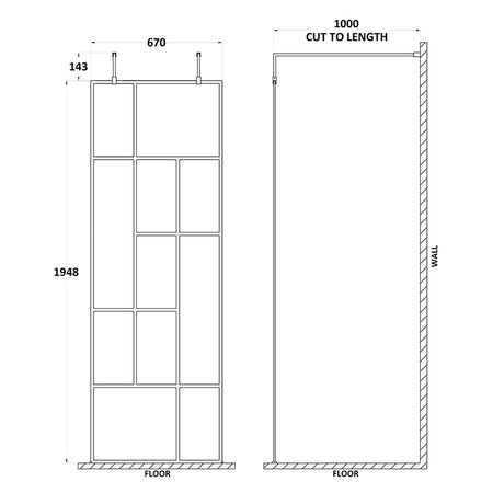 Nuie Abstract Frame Wetroom Screen with Support Bars (Matt Black, 4 sizes) - Brandnew Bathroom