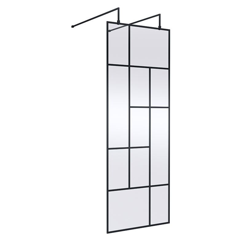 Nuie Abstract Frame Wetroom Screen with Support Bars (Matt Black, 4 sizes) - Brandnew Bathroom
