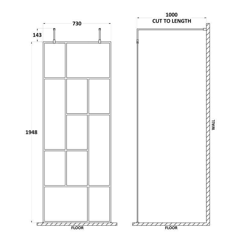 Nuie Abstract Frame Wetroom Screen with Support Bars (Matt Black, 4 sizes) - Brandnew Bathroom