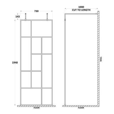 Nuie Abstract Frame Wetroom Screen with Support Bars (Matt Black, 4 sizes) - Brandnew Bathroom