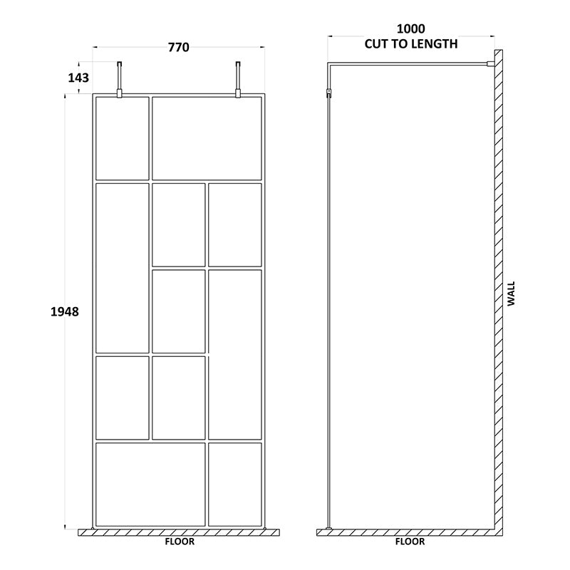 Nuie Abstract Frame Wetroom Screen with Support Bars (Matt Black, 4 sizes) - Brandnew Bathroom