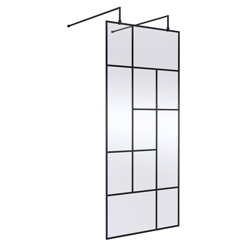 Nuie Abstract Frame Wetroom Screen with Support Bars (Matt Black, 4 sizes) - Brandnew Bathroom