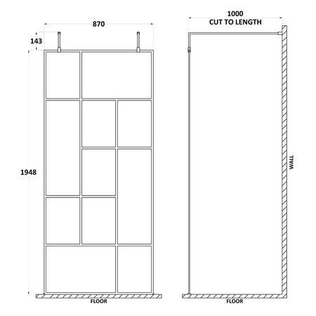Nuie Abstract Frame Wetroom Screen with Support Bars (Matt Black, 4 sizes) - Brandnew Bathroom