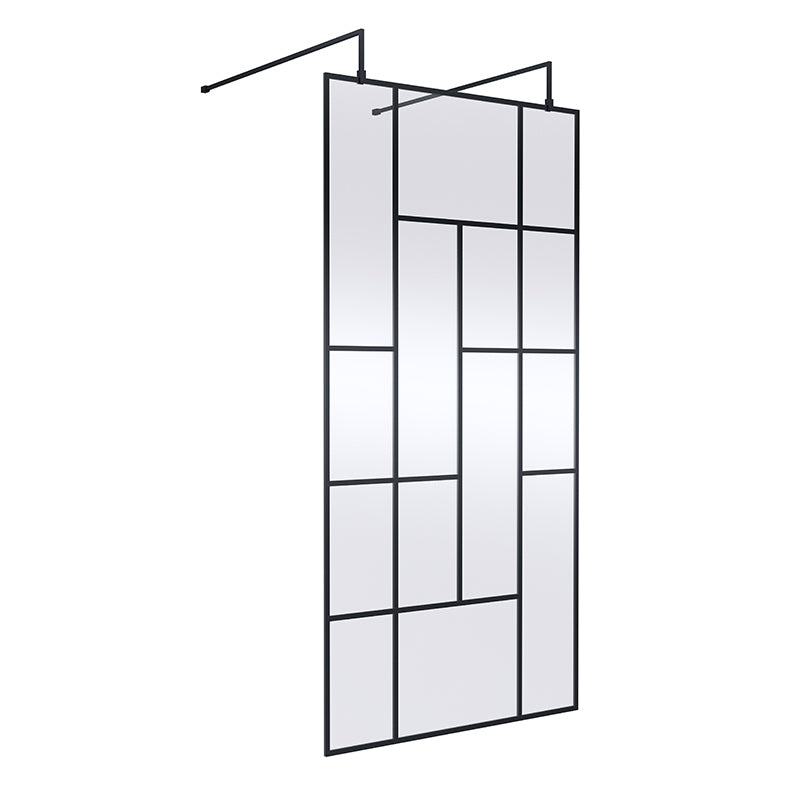 Nuie Abstract Frame Wetroom Screen with Support Bars (Matt Black, 4 sizes) - Brandnew Bathroom