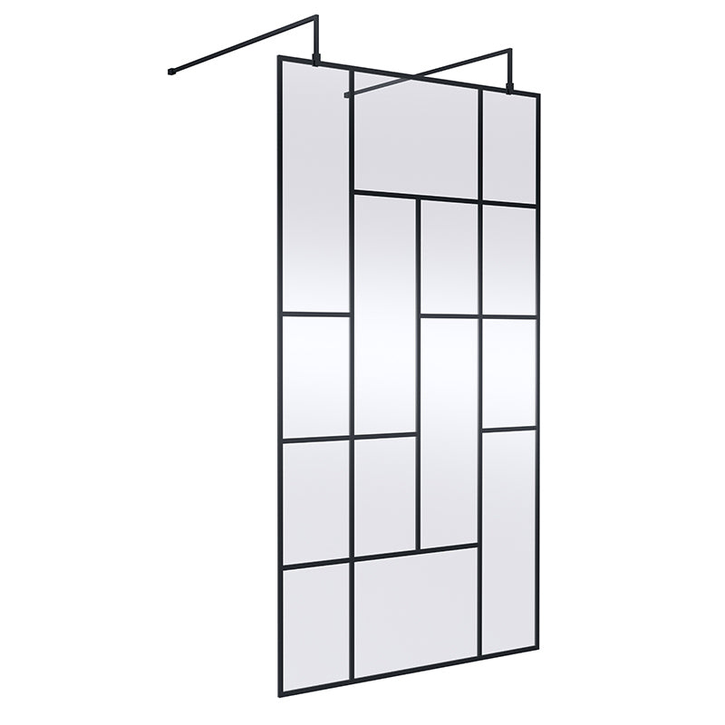 Nuie Abstract Frame Wetroom Screen with Support Bars (Matt Black, 4 sizes) - Brandnew Bathroom