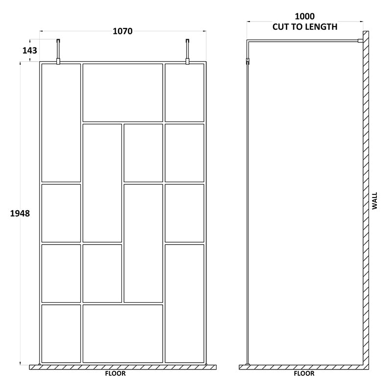 Nuie Abstract Frame Wetroom Screen with Support Bars (Matt Black, 4 sizes) - Brandnew Bathroom
