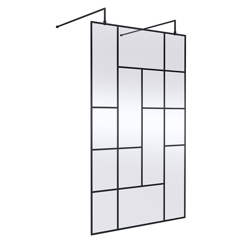 Nuie Abstract Frame Wetroom Screen with Support Bars (Matt Black, 4 sizes) - Brandnew Bathroom