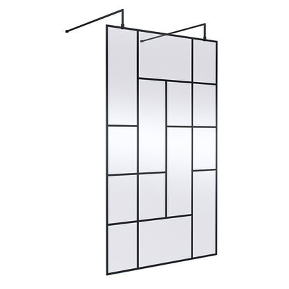 Nuie Abstract Frame Wetroom Screen with Support Bars (Matt Black, 4 sizes) - Brandnew Bathroom