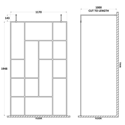 Nuie Abstract Frame Wetroom Screen with Support Bars (Matt Black, 4 sizes) - Brandnew Bathroom