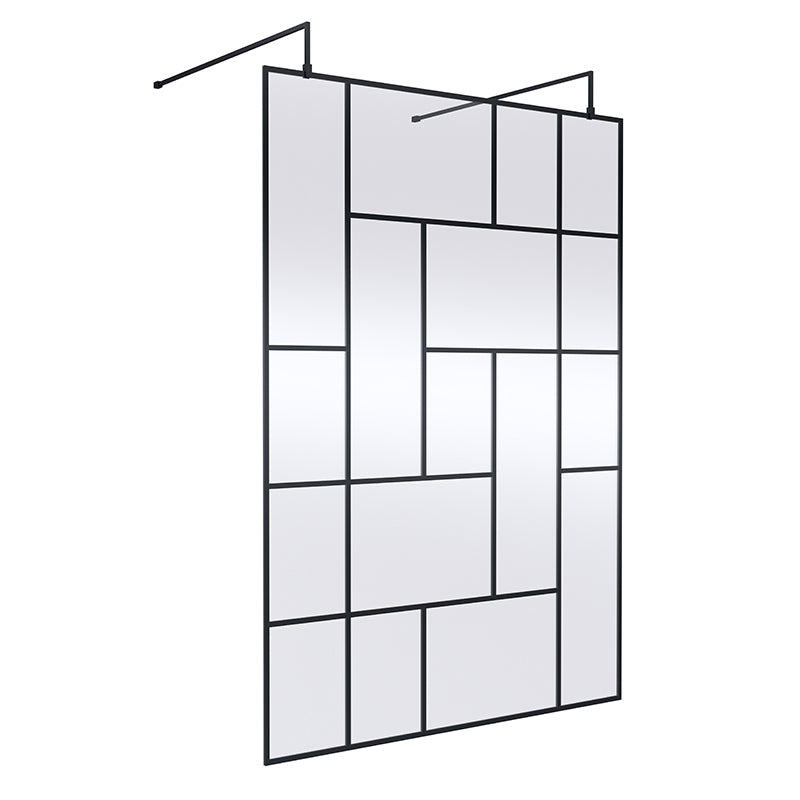 Nuie Abstract Frame Wetroom Screen with Support Bars (Matt Black, 4 sizes) - Brandnew Bathroom