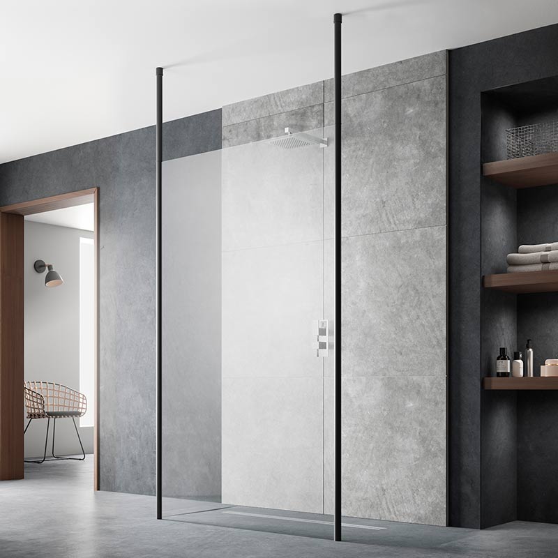 Nuie Wetroom Screen with Ceiling Posts (Matt Black, 4 sizes) - Brandnew Bathroom