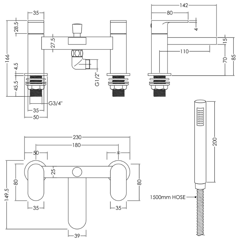 Nuie Binsey Deck Mounted Bath Shower Mixer With Kit (Chrome) - Brand New Bathrooms