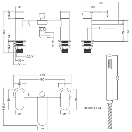 Nuie Binsey Deck Mounted Bath Shower Mixer With Kit (Chrome) - Brand New Bathrooms