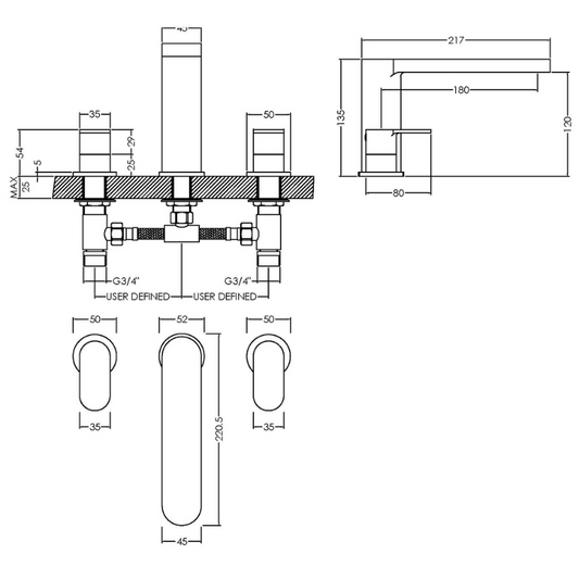 Nuie Binsey Deck Mounted 3 Tap Hole Bath Filler (Chrome) - Brand New Bathrooms