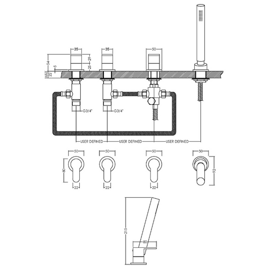 Nuie Binsey Deck Mounted 4 Tap Hole Bath Shower Mixer No Spout (Chrome) - Brand New Bathrooms
