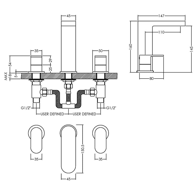 Nuie Binsey Deck Mounted 3 Tap Hole Basin Mixer With Pop Up Waste (Chrome) - Brandnew Bathroom