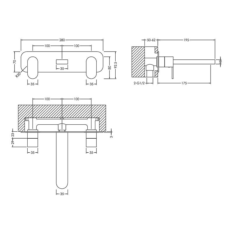 Nuie Binsey Wall Mounted 3 Tap Hole Basin Mixer With Plate (Chrome) - Brandnew Bathroom