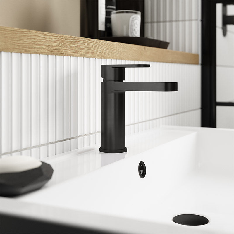 Nuie Binsey Mono Basin Mixer with Push Button Waste (Matt Black, 2 sizes) - Brandnew Bathroom