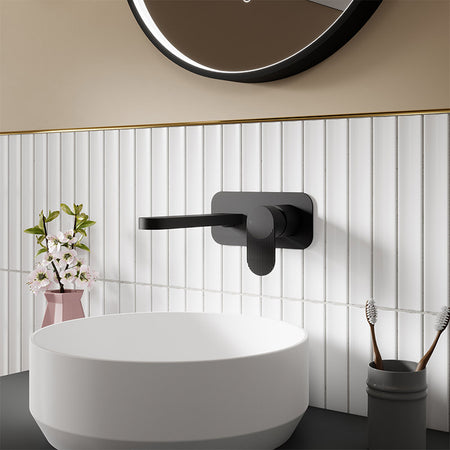 Nuie Binsey Wall Mounted 2 Tap Hole Basin Mixer With Plate (Matt Black, 2 sizes) - Brandnew Bathroom