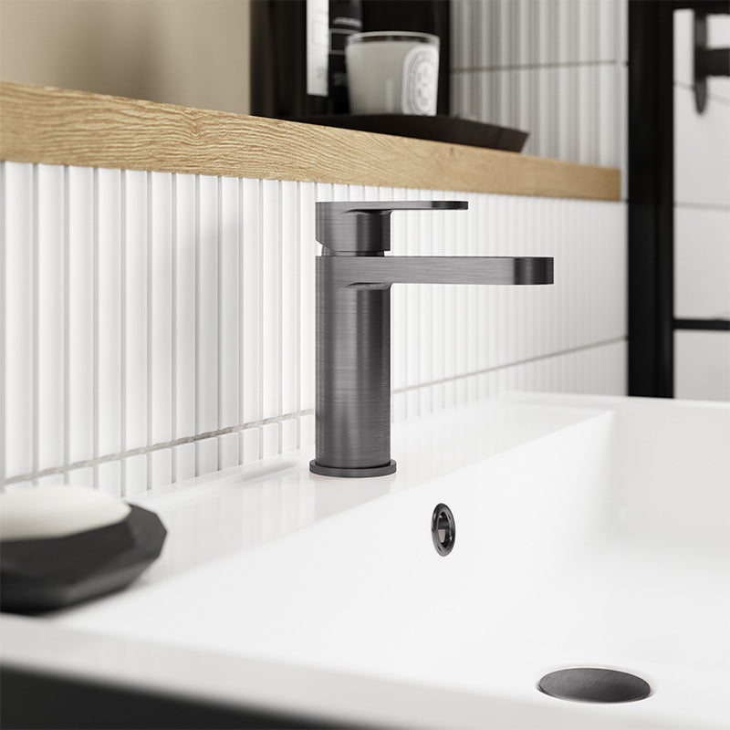 Nuie Binsey Mono Basin Mixer with Push Button Waste ( Brushed Pewter, 2 sizes) - Brandnew Bathroom