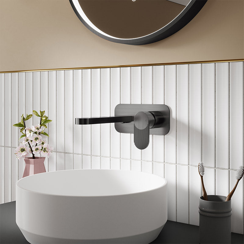 Nuie Binsey Wall Mounted 2 Tap Hole Basin Mixer With Plate (Brushed Pewter, 2 sizes) - Brandnew Bathroom