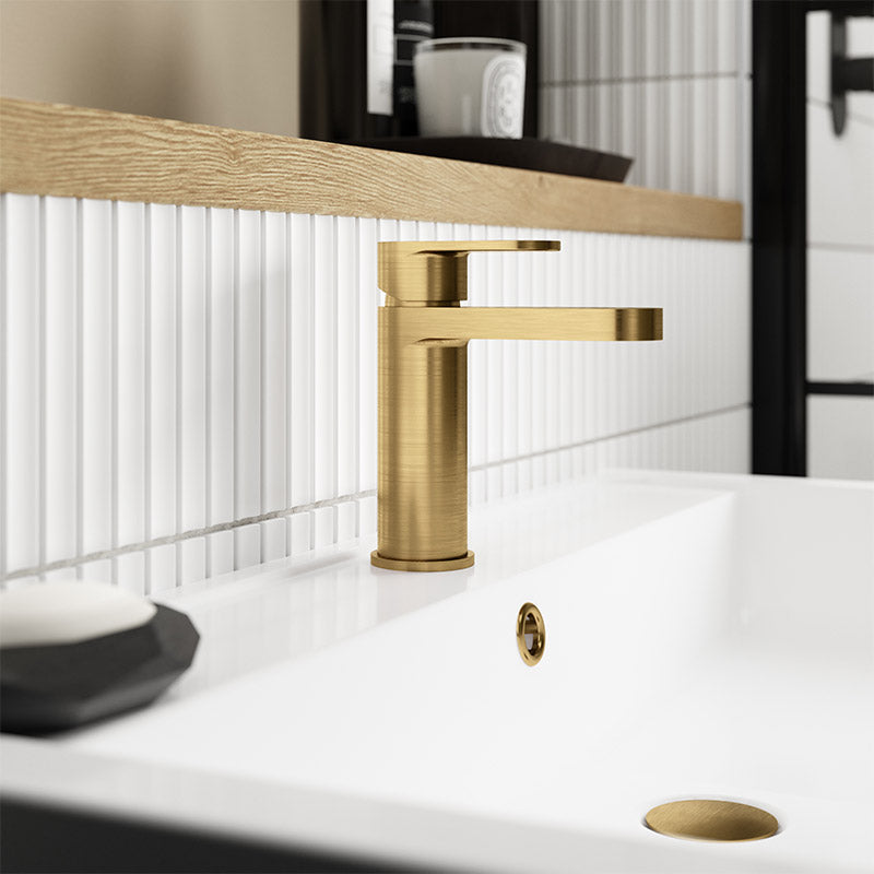 Nuie Binsey Mono Basin Mixer with Push Button Waste (Brushed Brass, 2 sizes) - Brandnew Bathroom