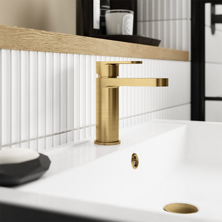 Nuie Binsey Mono Basin Mixer with Push Button Waste (Brushed Brass, 2 sizes) - Brandnew Bathroom