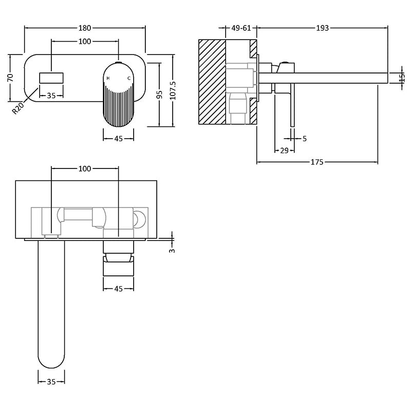 Nuie Binsey Wall Mounted 2 Tap Hole Basin Mixer With Plate (Brushed Brass, 2 sizes) - Brand New Bathrooms