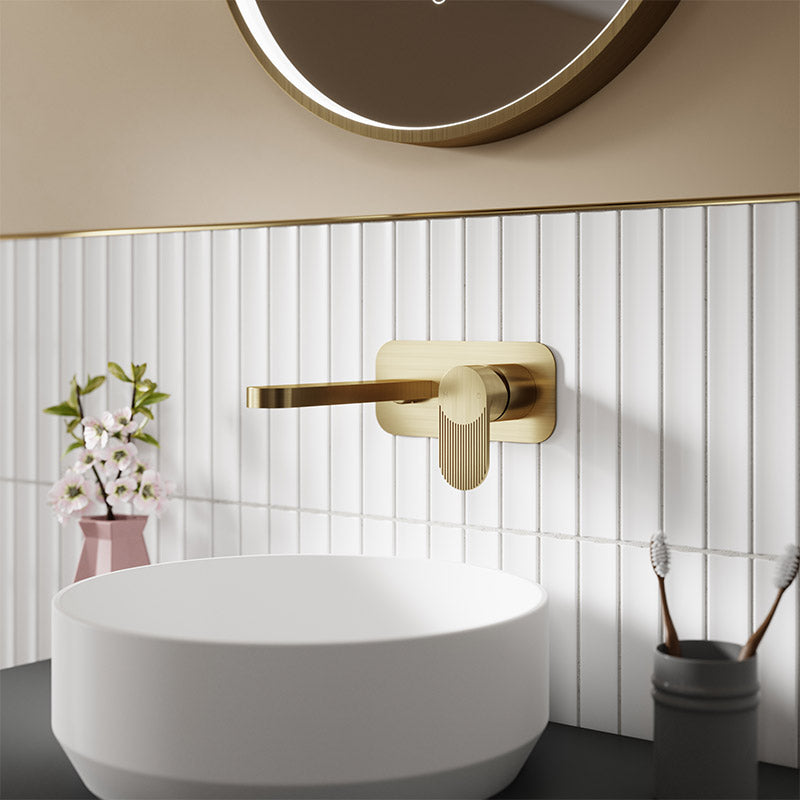 Nuie Binsey Wall Mounted 2 Tap Hole Basin Mixer With Plate (Brushed Brass, 2 sizes) - Brand New Bathrooms