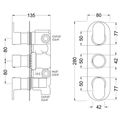 Nuie Binsey Triple Thermostatic Valve With Diverter (1 size, Chrome) - Brand New Bathrooms