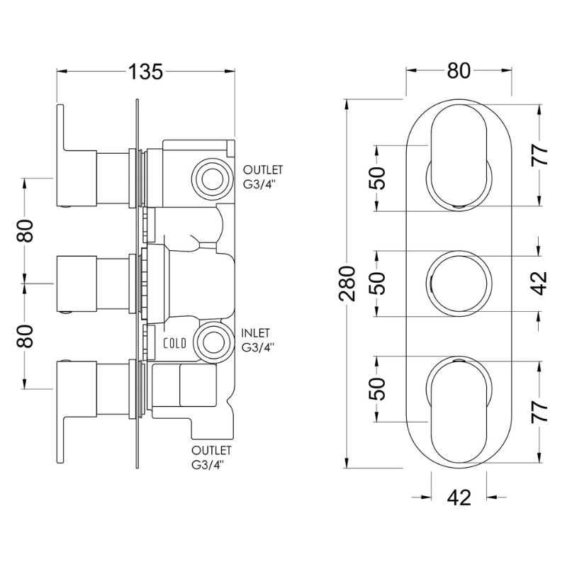 Nuie Binsey Triple Thermostatic Valve With Diverter (1 size, Chrome) - Brand New Bathrooms