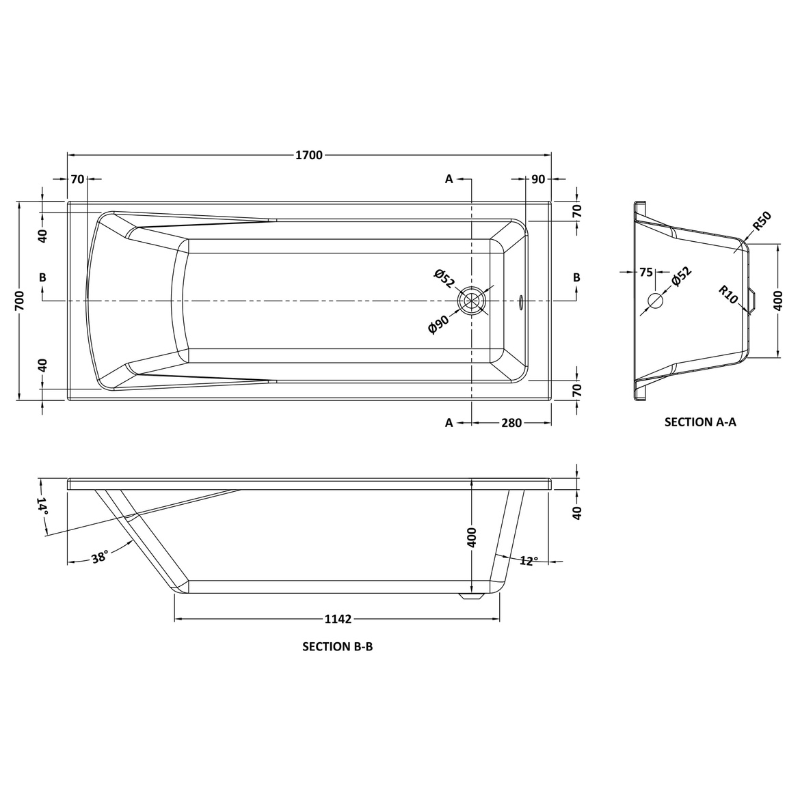 Nuie Linton Eternalite Square Single Ended Straight Shower Bath (3 sizes, White) - Brand New Bathrooms