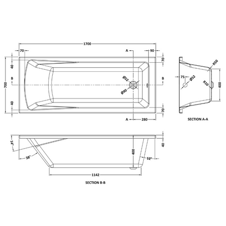 Nuie Linton Eternalite Square Single Ended Straight Shower Bath (3 sizes, White) - Brand New Bathrooms