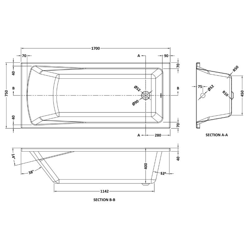 Nuie Linton Eternalite Square Single Ended Straight Shower Bath (3 sizes, White) - Brand New Bathrooms