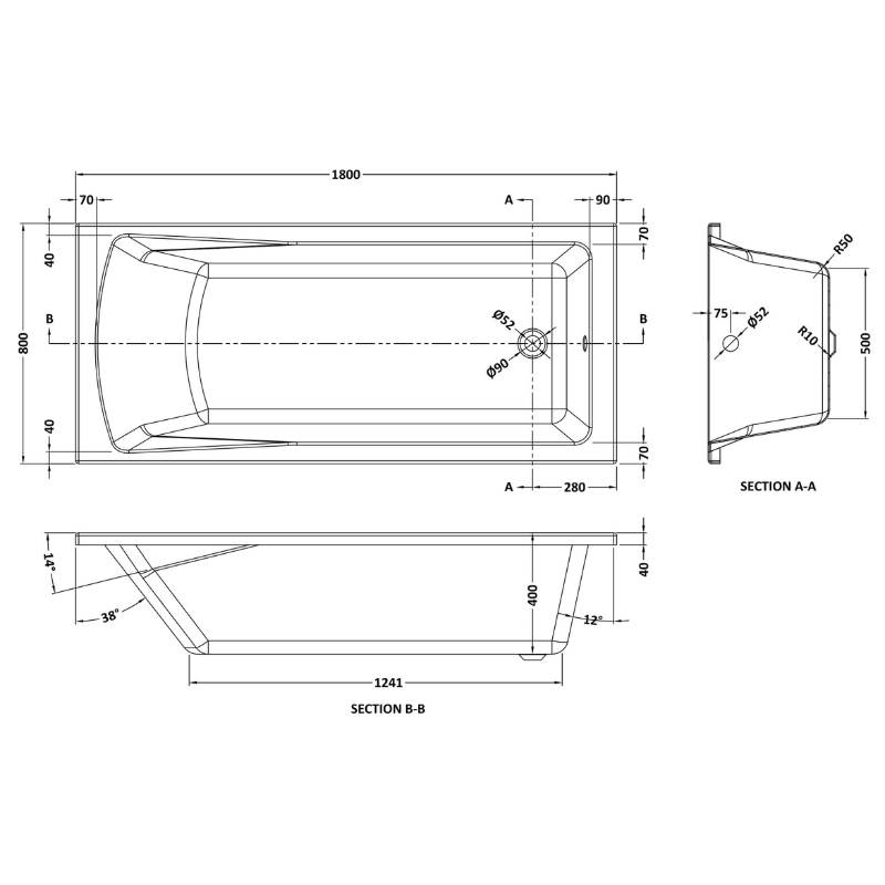 Nuie Linton Eternalite Square Single Ended Straight Shower Bath (3 sizes, White) - Brand New Bathrooms