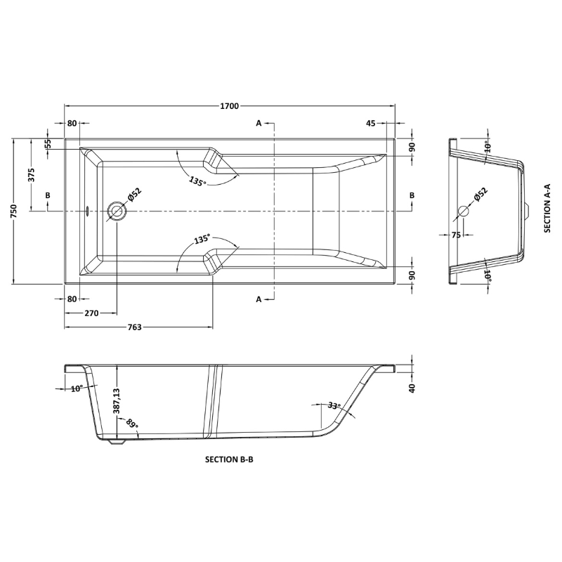 Nuie Shower Baths Eternalite Square Single Ended Straight Shower Bath (1 size, White) - Brandnew Bathroom