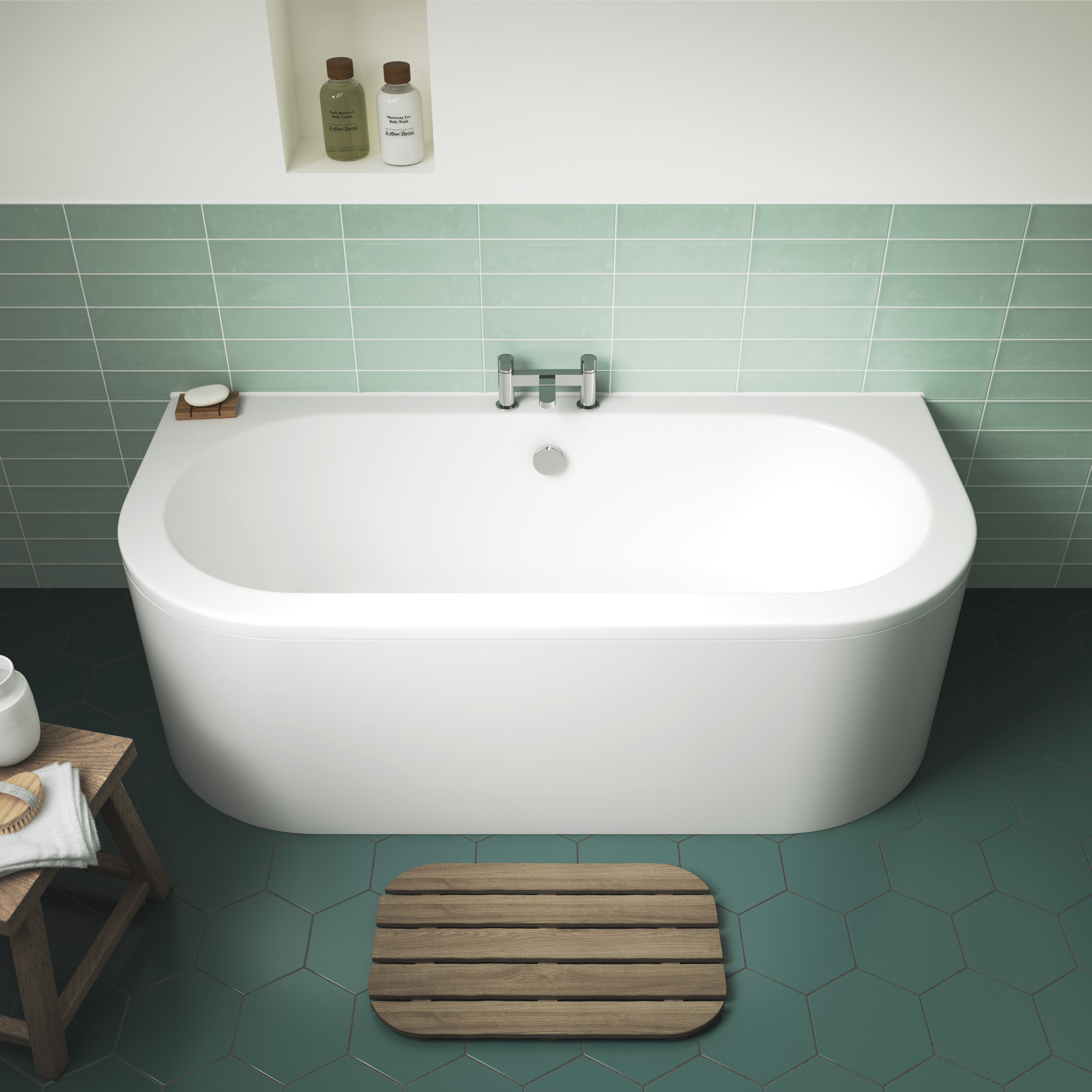 Nuie Curved Back To Wall Bath & Panel (1 sizes, White) - Brandnew Bathroom