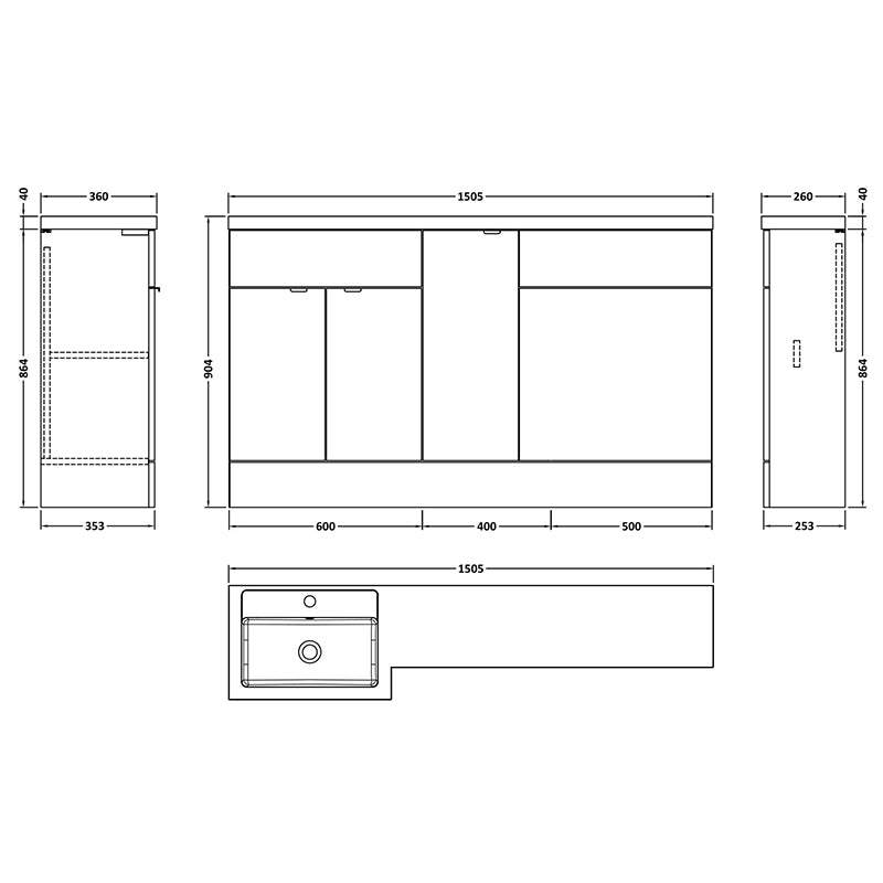 Hudson Reed Fusion Floor Standing Triple Door 1500mm Vanity Basin & WC Unit - Left Hand Combination (1 size, 5 colours) - Brand New Bathrooms