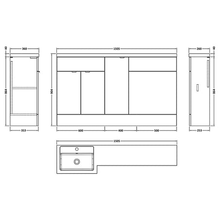 Hudson Reed Fusion Floor Standing Triple Door 1500mm Vanity Basin & WC Unit - Left Hand Combination (1 size, 5 colours) - Brand New Bathrooms